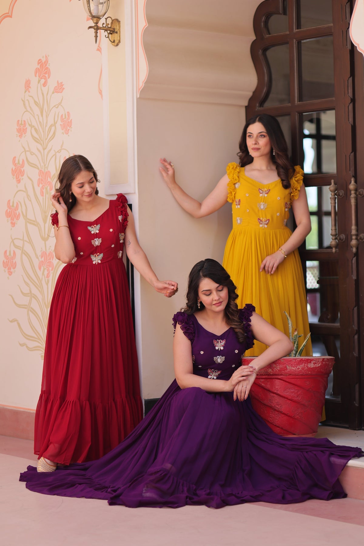 Jyoti Fashion Maroon Yellow & Purple Faux Blooming Beads Embroidered Combo Anarkali Set | Grocsy