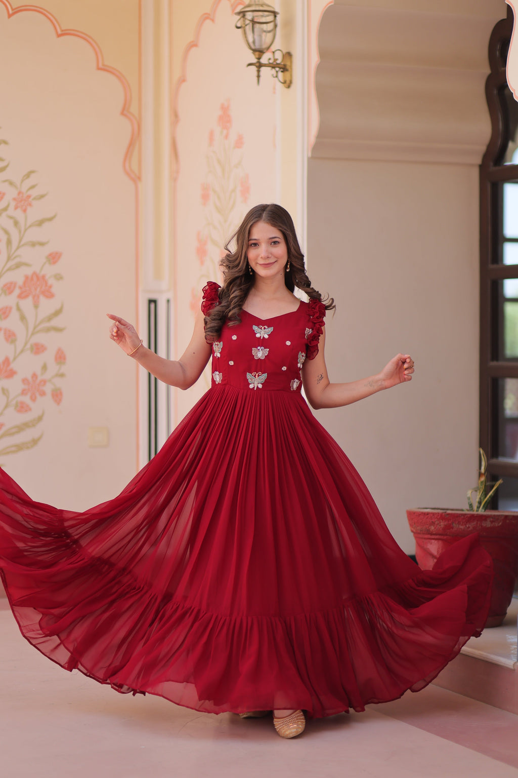 Jyoti Fashion Maroon Faux Blooming Beads Embroidered Anarkali Set | Grocsy