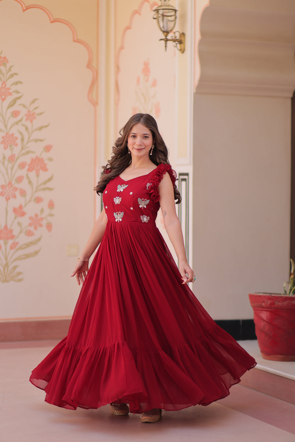 Jyoti Fashion Maroon Faux Blooming Beads Embroidered Anarkali Set | Grocsy