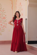 Jyoti Fashion Maroon Faux Blooming Beads Embroidered Anarkali Set | Grocsy