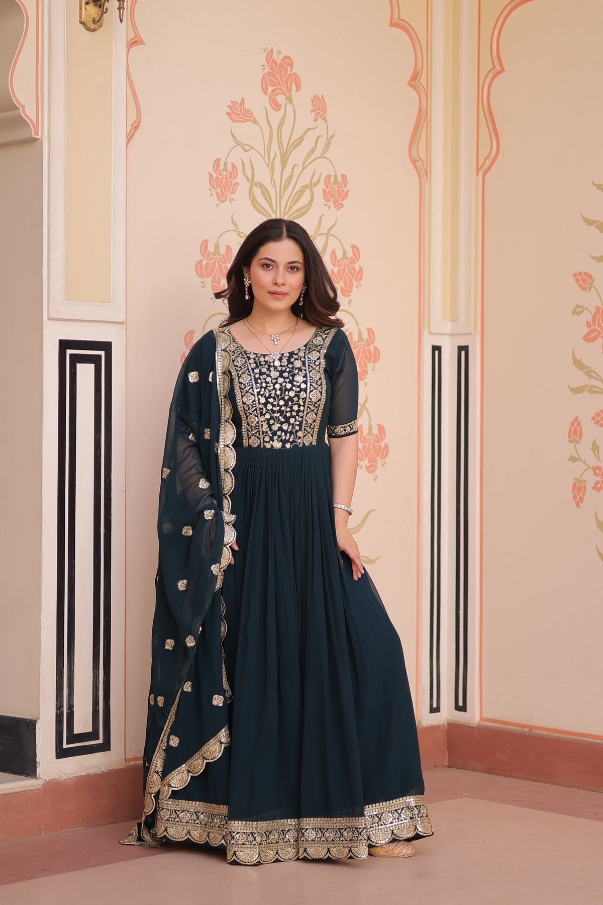 Jyoti Fashion Rama Faux Blooming Sequins Embroidered Anarkali Set with Dupatta | Grocsy
