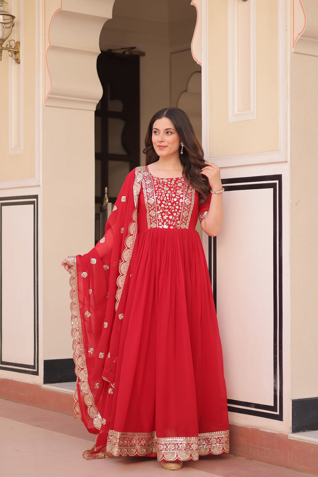 Jyoti Fashion Red Faux Blooming Sequins Embroidered Anarkali Set with Dupatta | Grocsy