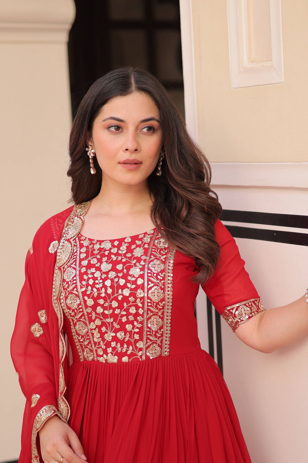 Jyoti Fashion Red Faux Blooming Sequins Embroidered Anarkali Set with Dupatta | Grocsy