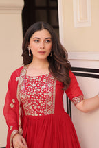 Jyoti Fashion Red Faux Blooming Sequins Embroidered Anarkali Set with Dupatta | Grocsy