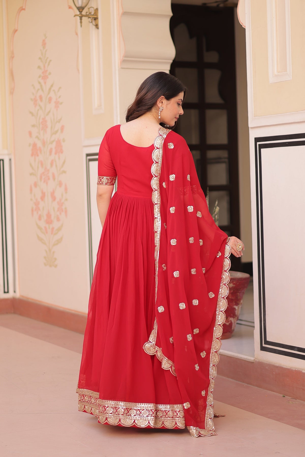 Jyoti Fashion Red Faux Blooming Sequins Embroidered Anarkali Set with Dupatta | Grocsy