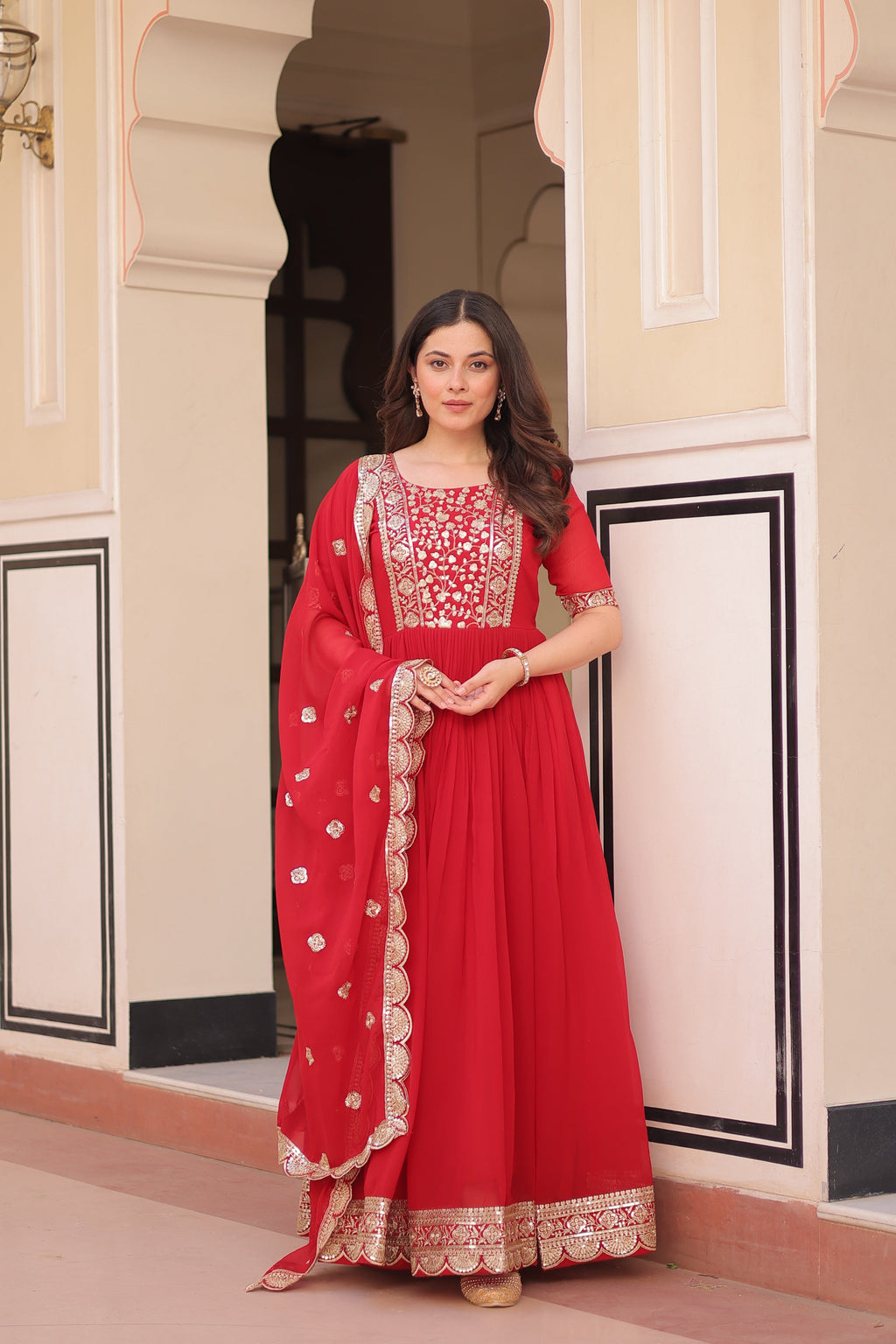 Jyoti Fashion Red Faux Blooming Sequins Embroidered Anarkali Set with Dupatta | Grocsy