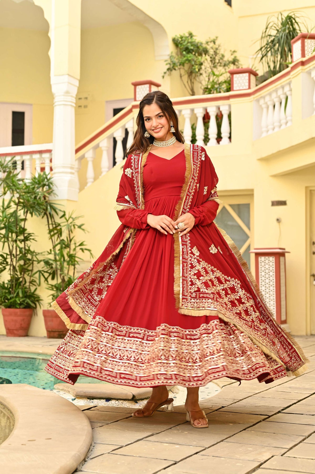 Jyoti Fashion Maroon Faux Blooming Sequins Embroidered Anarkali Set with Dupatta | Grocsy