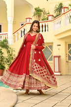 Jyoti Fashion Maroon Faux Blooming Sequins Embroidered Anarkali Set with Dupatta | Grocsy