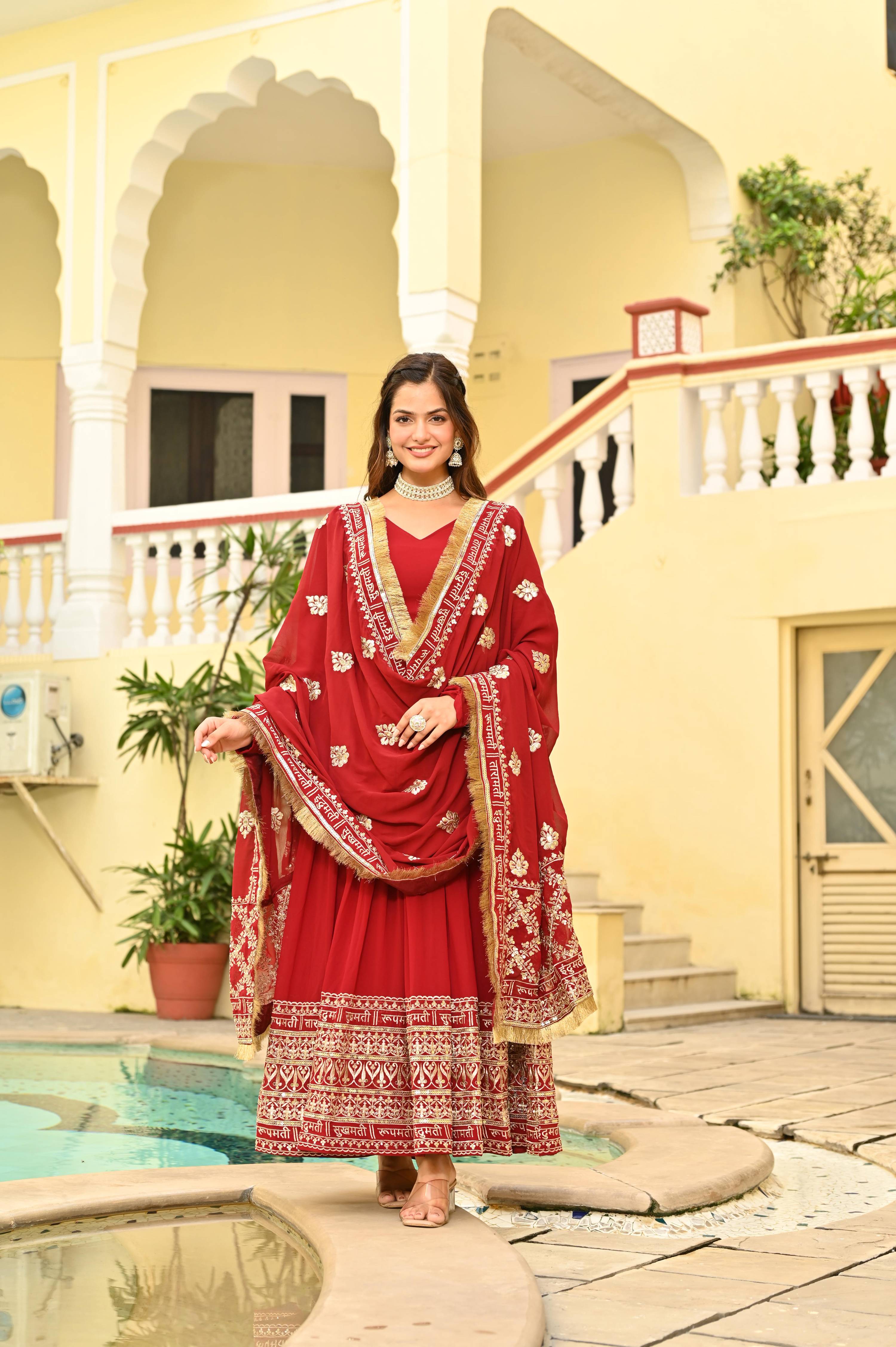 Jyoti Fashion Maroon Faux Blooming Sequins Embroidered Anarkali Set with Dupatta | Grocsy