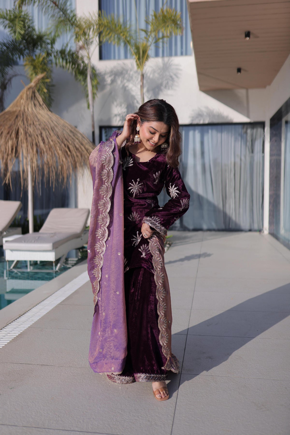 Jyoti Fashion Wine Ice Velvet Embroidered Kurta Set with Dupatta | Grocsy