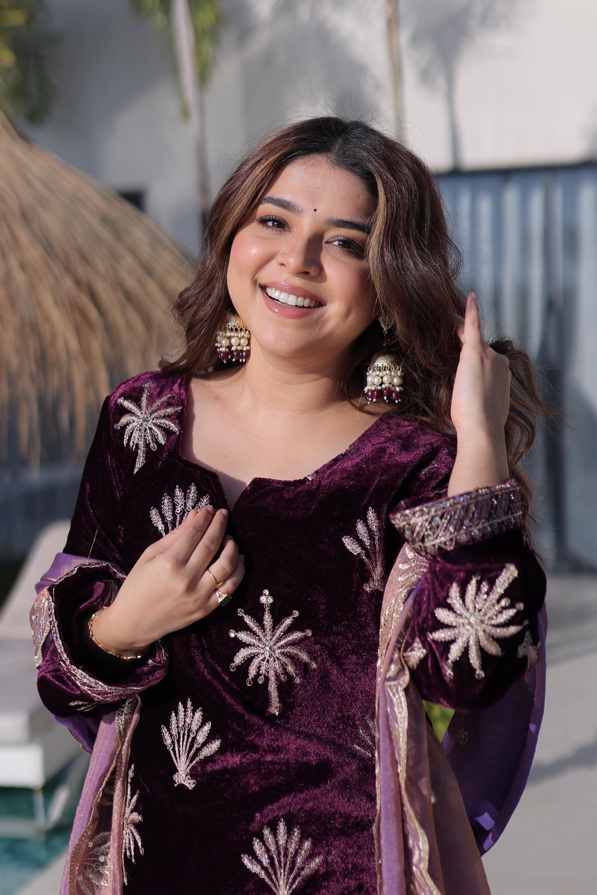 Jyoti Fashion Wine Ice Velvet Embroidered Kurta Set with Dupatta | Grocsy
