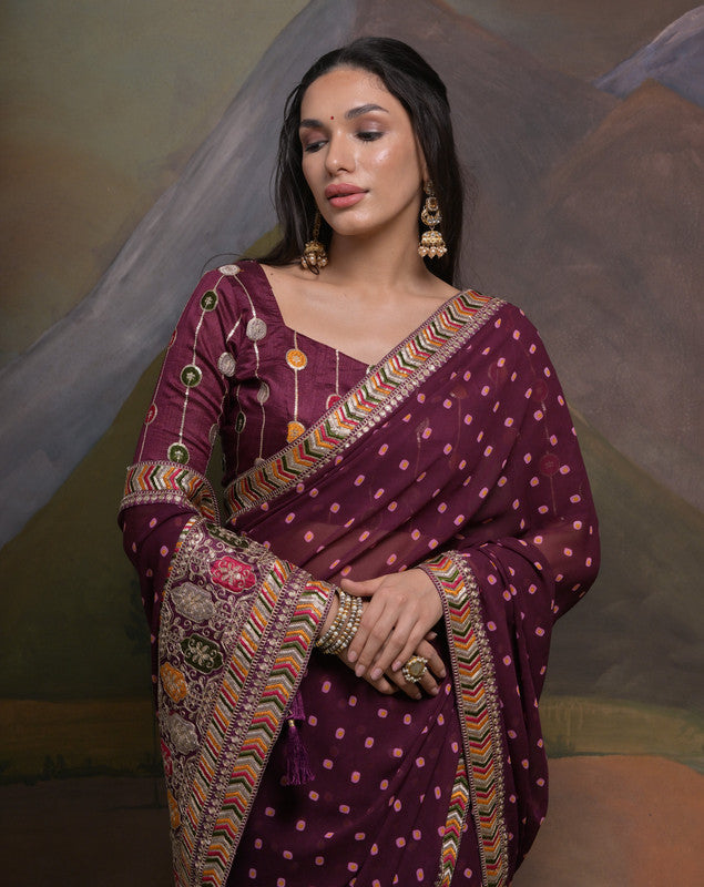 Jyoti Fashion Women's Wine Coding Sequence Georgette Saree with Blouse | Grocsy