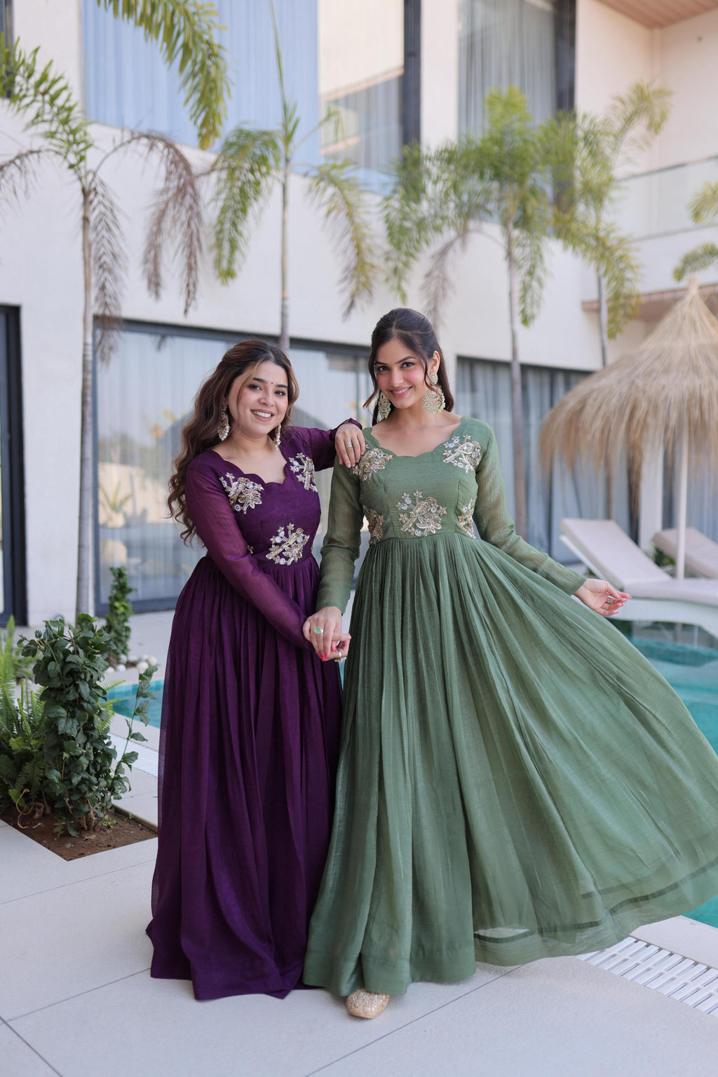 Jyoti Fashion Purple & Sea Green Silver Crunchy Beads Embroidered Combo Anarkali Set | Grocsy
