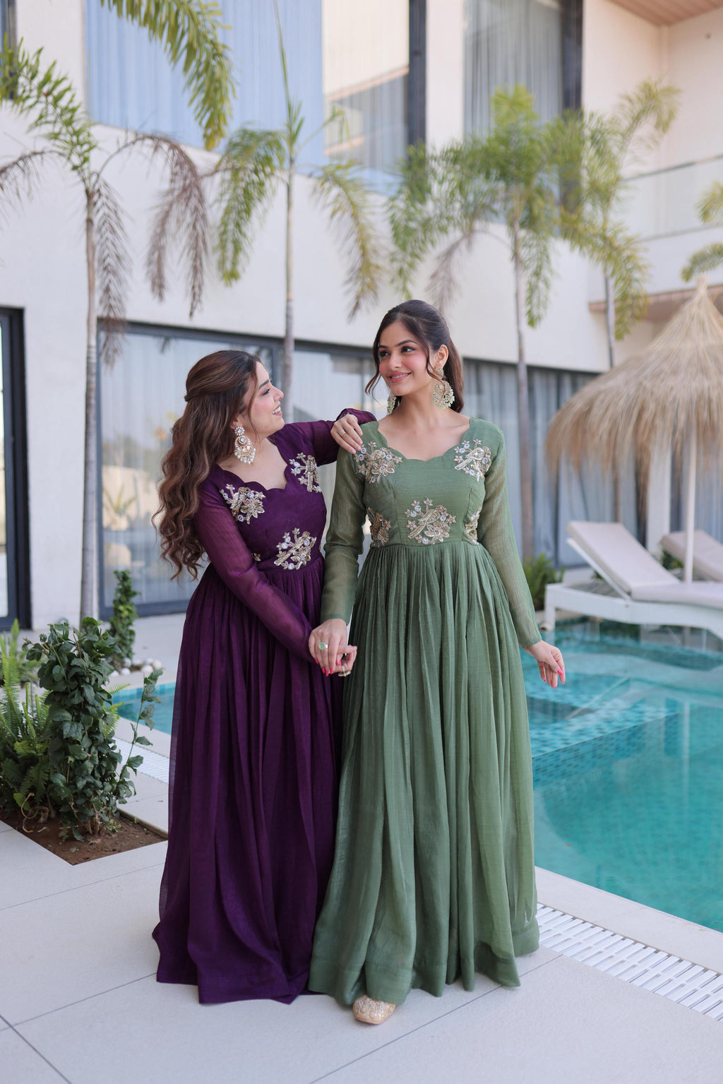 Jyoti Fashion Purple & Sea Green Silver Crunchy Beads Embroidered Combo Anarkali Set | Grocsy
