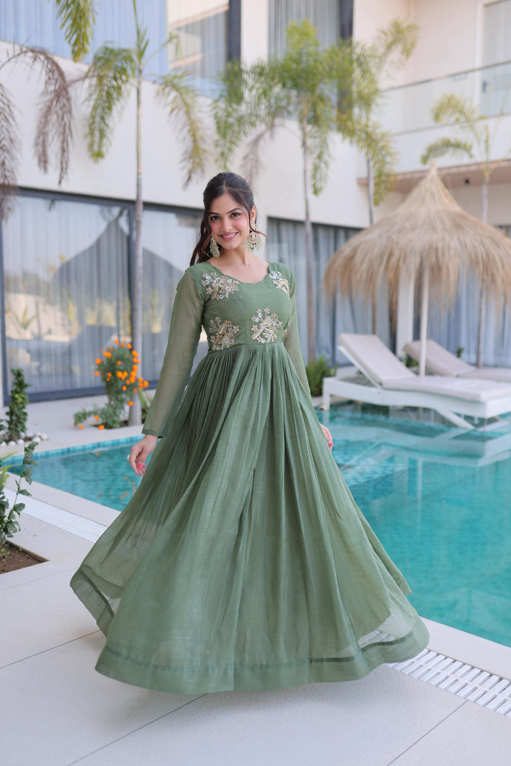 Jyoti Fashion Sea Green Silver Crunchy Beads Embroidered Anarkali Set | Grocsy
