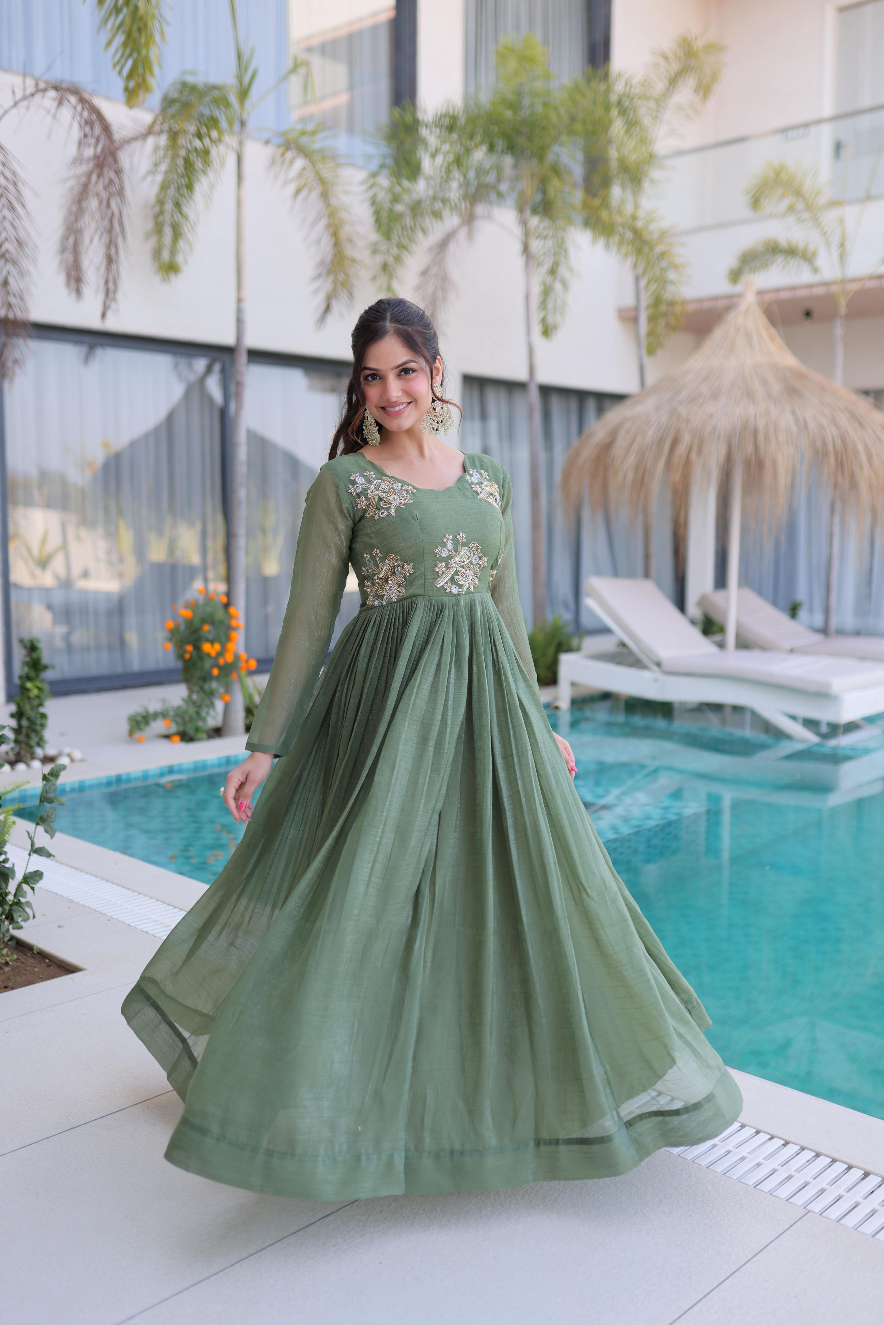 Jyoti Fashion Sea Green Silver Crunchy Beads Embroidered Anarkali Set | Grocsy