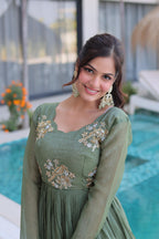 Jyoti Fashion Sea Green Silver Crunchy Beads Embroidered Anarkali Set | Grocsy