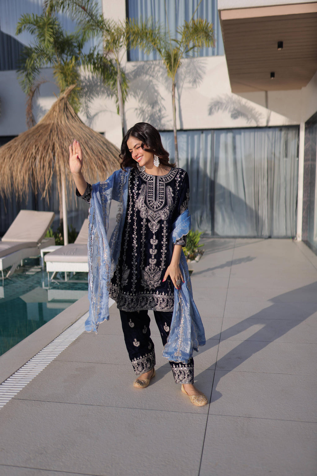 Jyoti Fashion Navy Blue 9000 Velvet Zari Embroidered Kurta Set with Dupatta | Grocsy