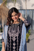 Jyoti Fashion Navy Blue 9000 Velvet Zari Embroidered Kurta Set with Dupatta | Grocsy