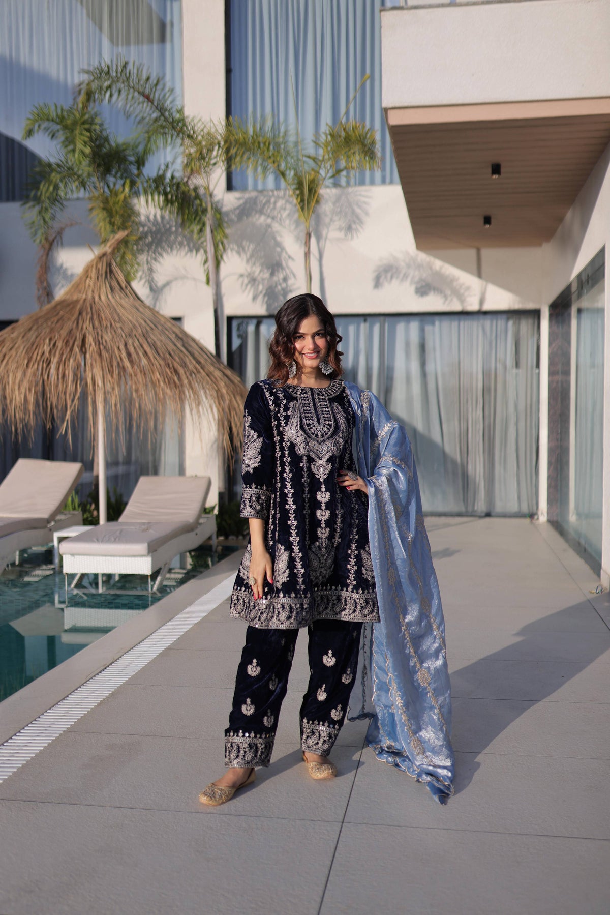 Jyoti Fashion Navy Blue 9000 Velvet Zari Embroidered Kurta Set with Dupatta | Grocsy