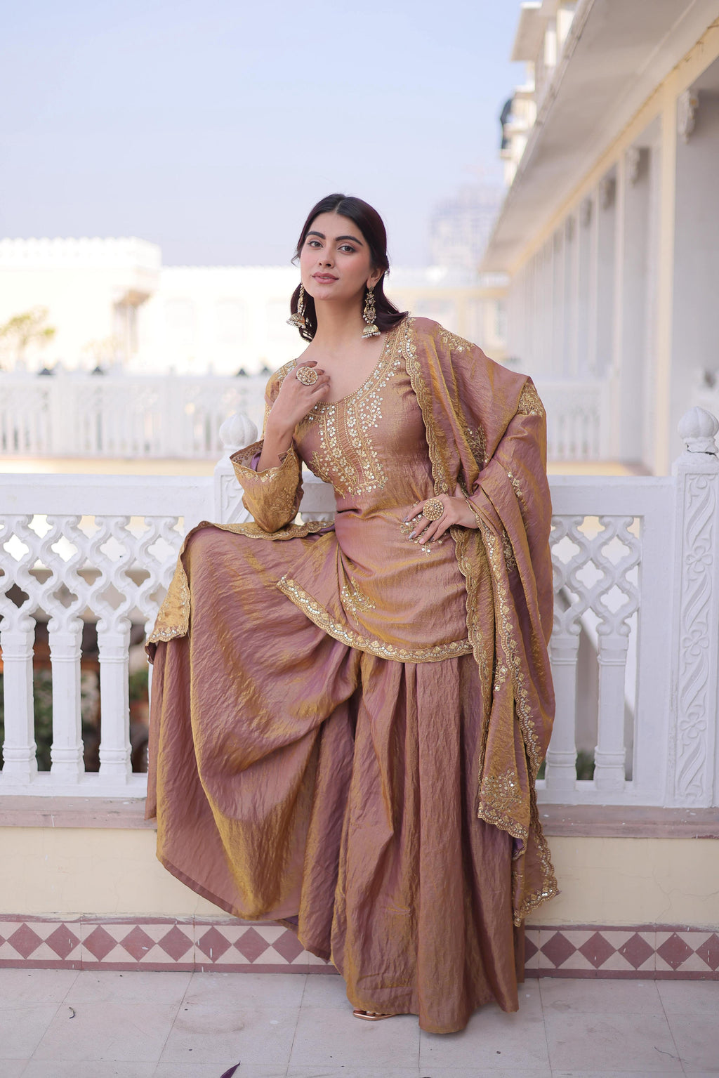 Jyoti Fashion Brown Fendi Crush Zari Embroidered Sharara Set with Dupatta | Grocsy