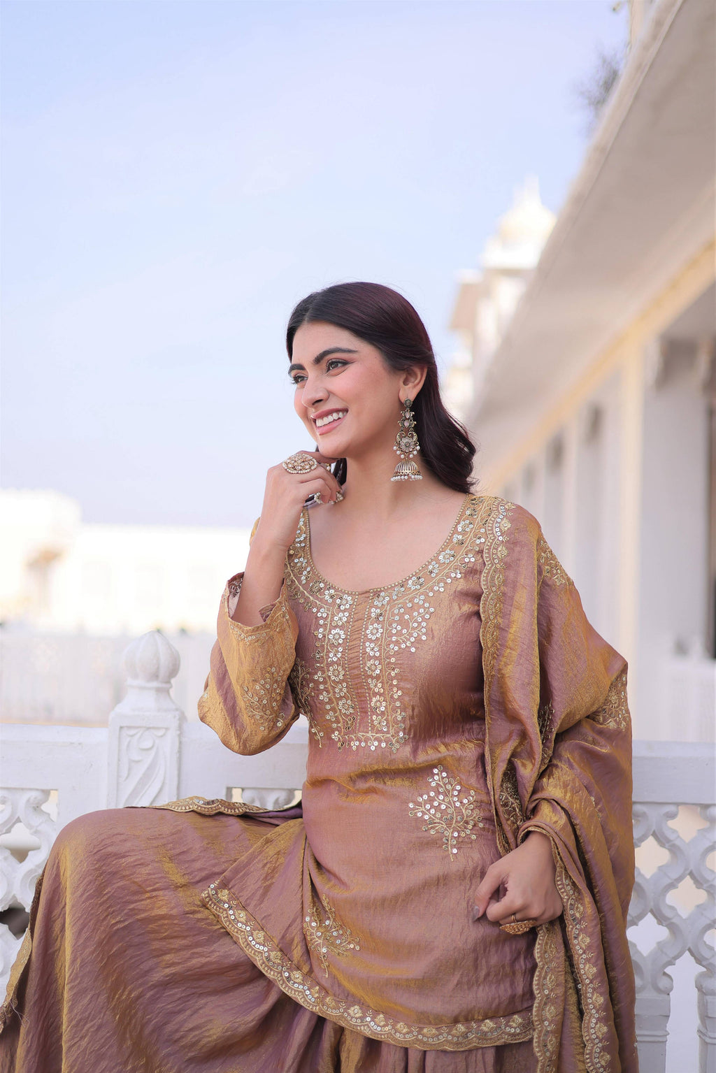 Jyoti Fashion Brown Fendi Crush Zari Embroidered Sharara Set with Dupatta | Grocsy