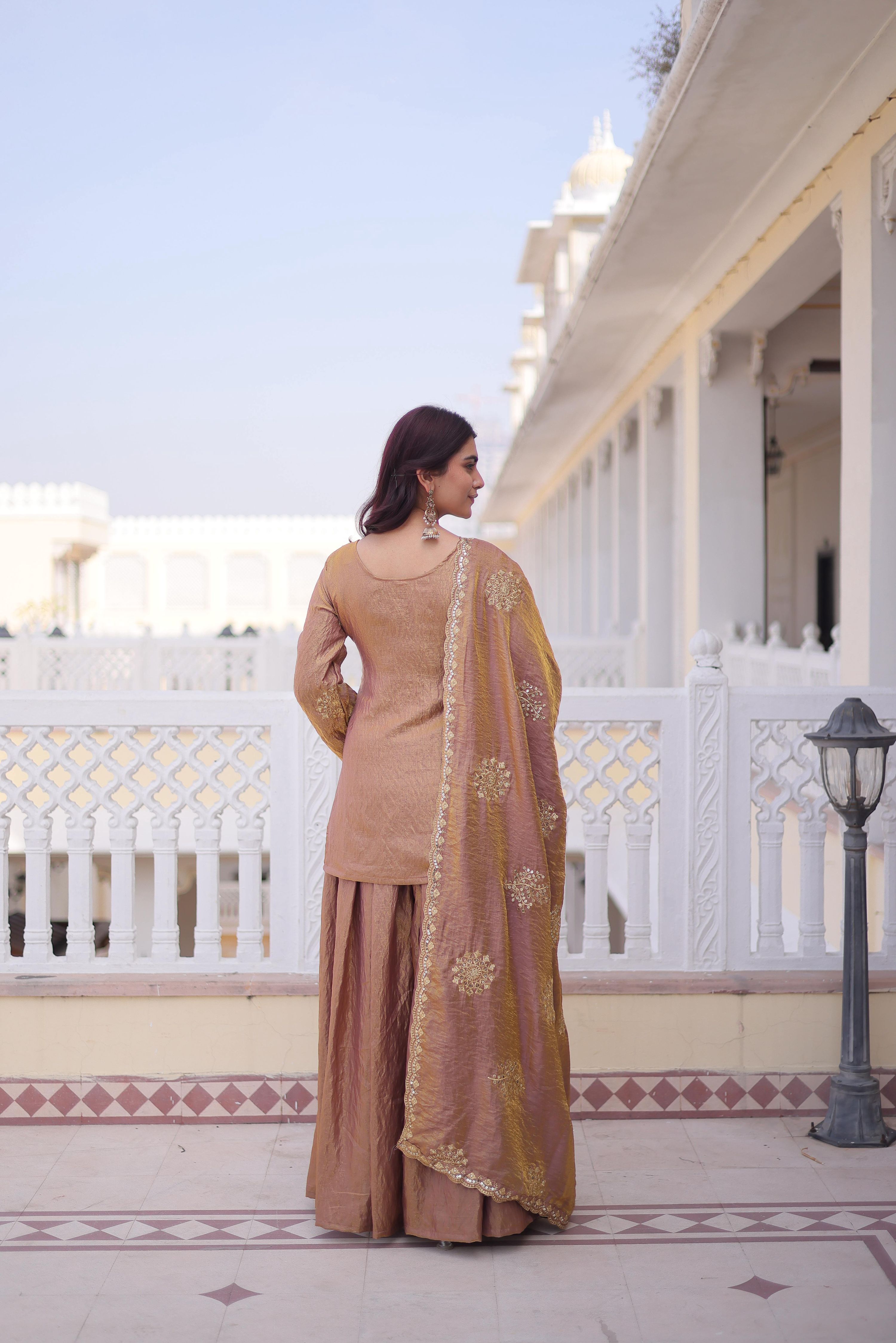 Jyoti Fashion Brown Fendi Crush Zari Embroidered Sharara Set with Dupatta | Grocsy