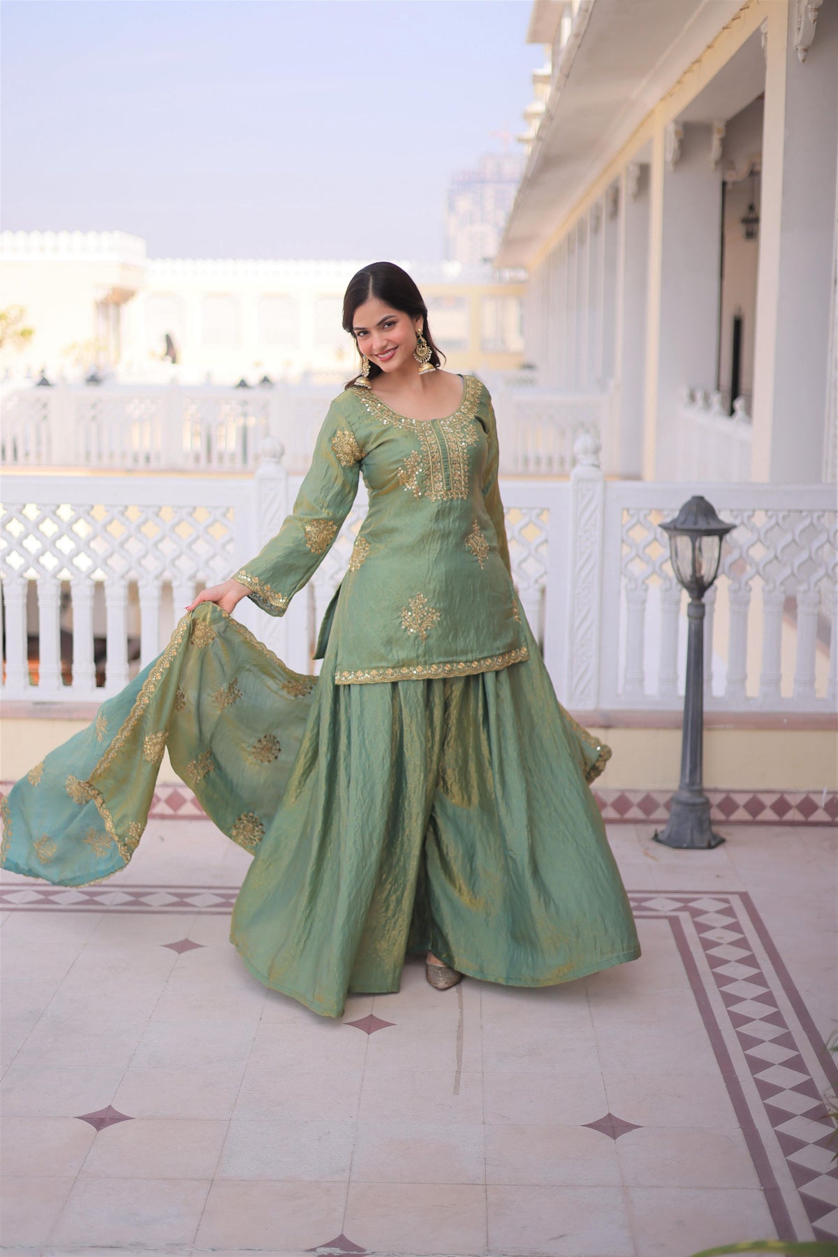 Jyoti Fashion Sea Green Fendi Crush Zari Embroidered Sharara Set with Dupatta | Grocsy