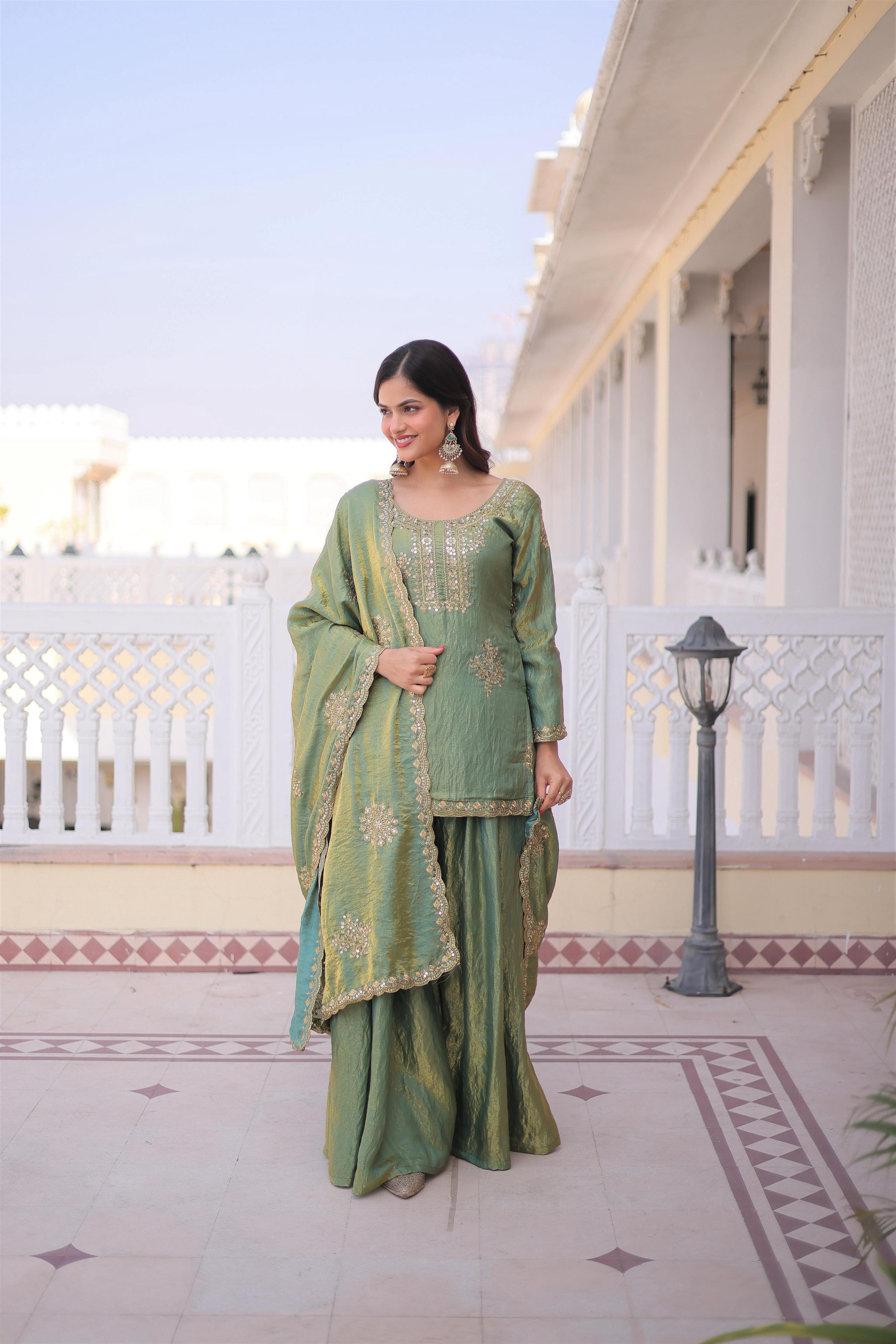 Jyoti Fashion Sea Green Fendi Crush Zari Embroidered Sharara Set with Dupatta | Grocsy