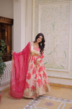 Jyoti Fashion Pink Russian Silk Sequins Embroidered Anarkali Set with Dupatta | Grocsy