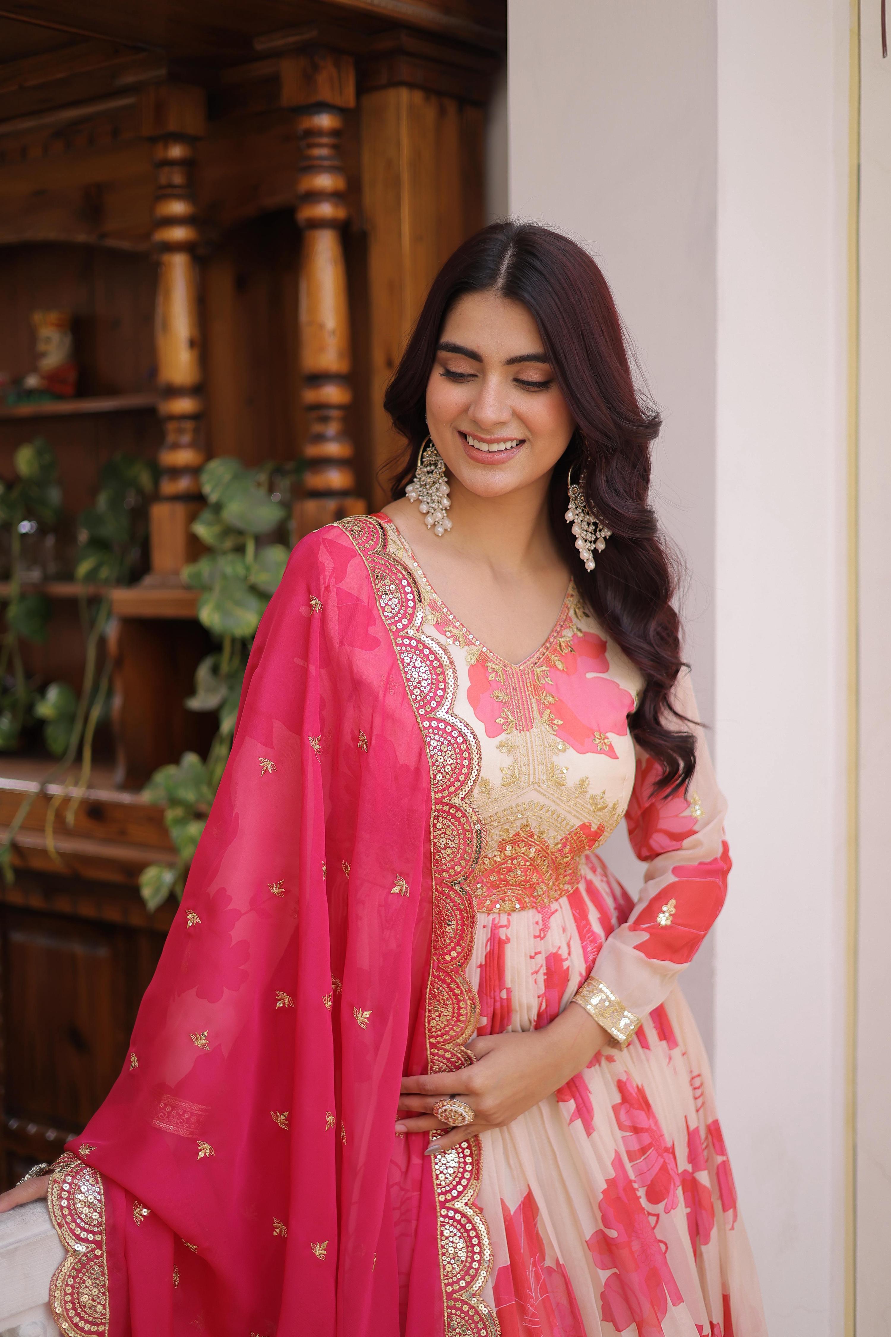Jyoti Fashion Pink Russian Silk Sequins Embroidered Anarkali Set with Dupatta | Grocsy