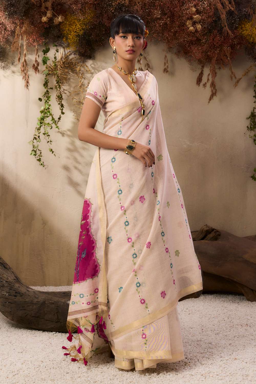 Jyoti Fashion Women's Pink Soft Muga Cotton Resham Weaving Saree with Blouse | Grocsy