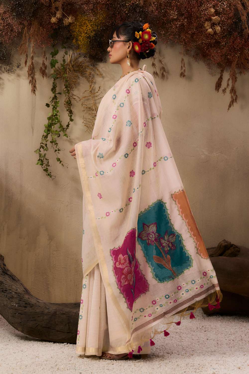 Jyoti Fashion Women's Pink Soft Muga Cotton Resham Weaving Saree with Blouse | Grocsy