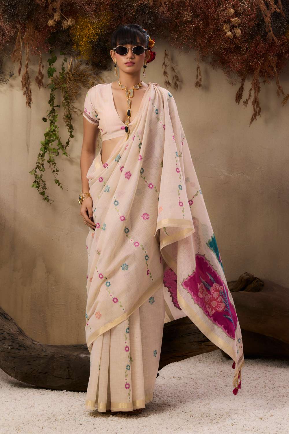 Jyoti Fashion Women's Pink Soft Muga Cotton Resham Weaving Saree with Blouse | Grocsy
