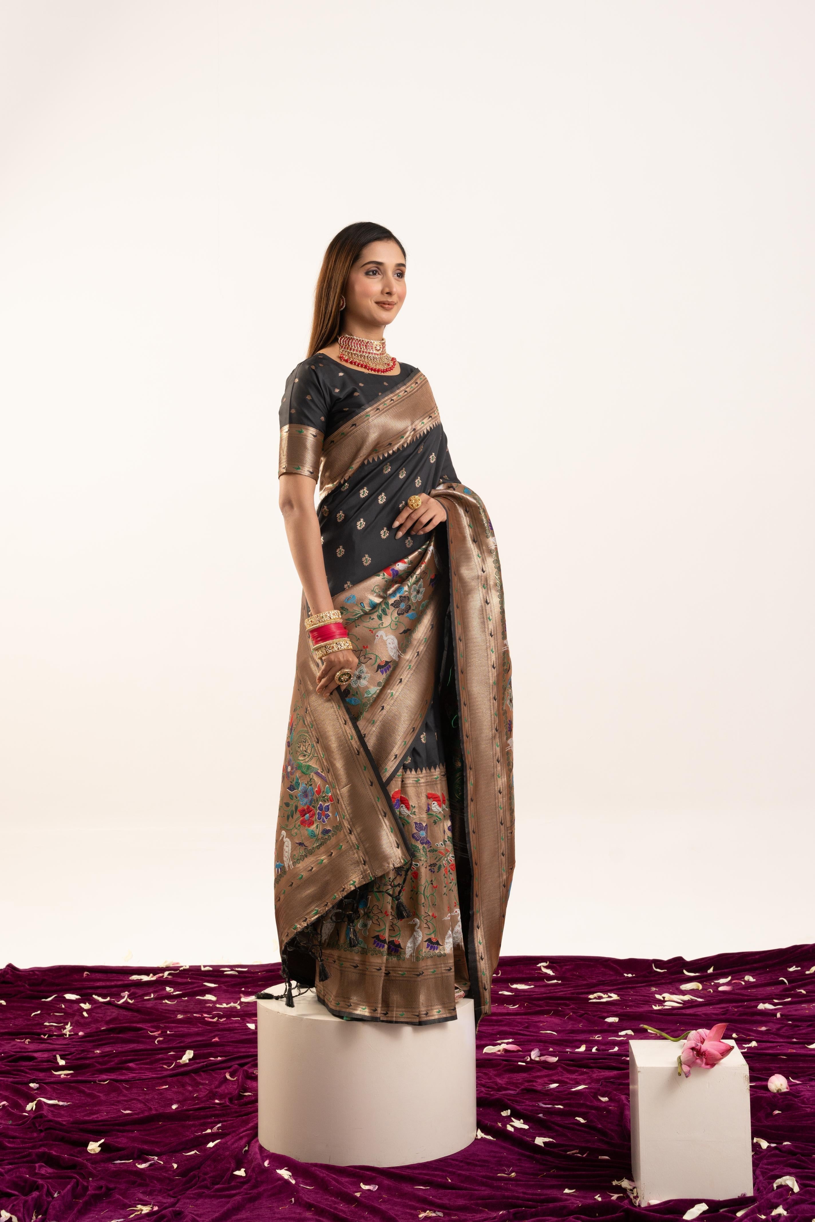 Jyoti Fashion Women's Black Soft Banarasi Silk Zari Woven Saree with Blouse | Grocsy