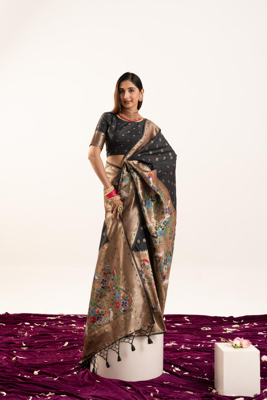 Jyoti Fashion Women's Black Soft Banarasi Silk Zari Woven Saree with Blouse | Grocsy