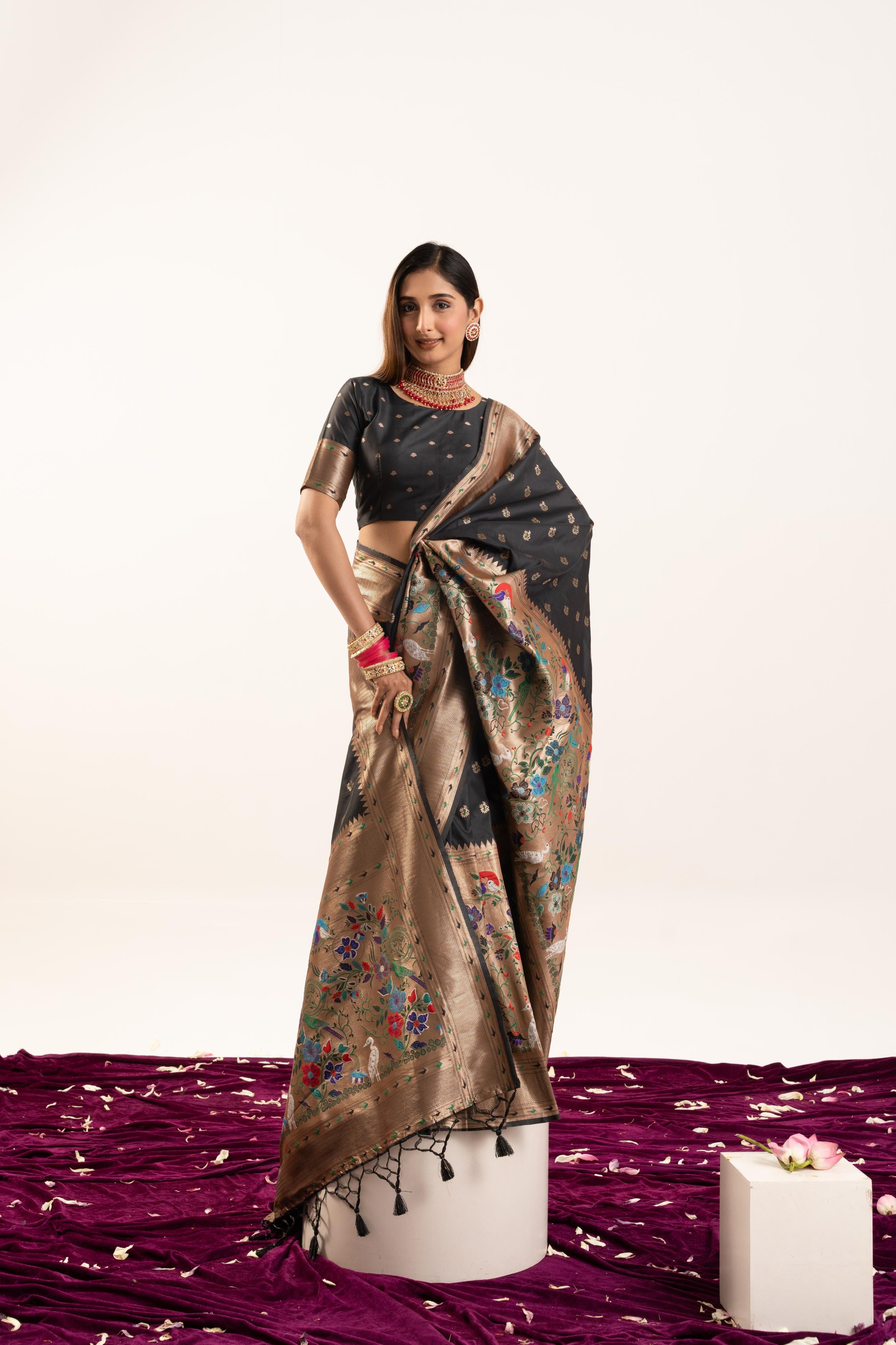 Jyoti Fashion Women's Black Soft Banarasi Silk Zari Woven Saree with Blouse | Grocsy