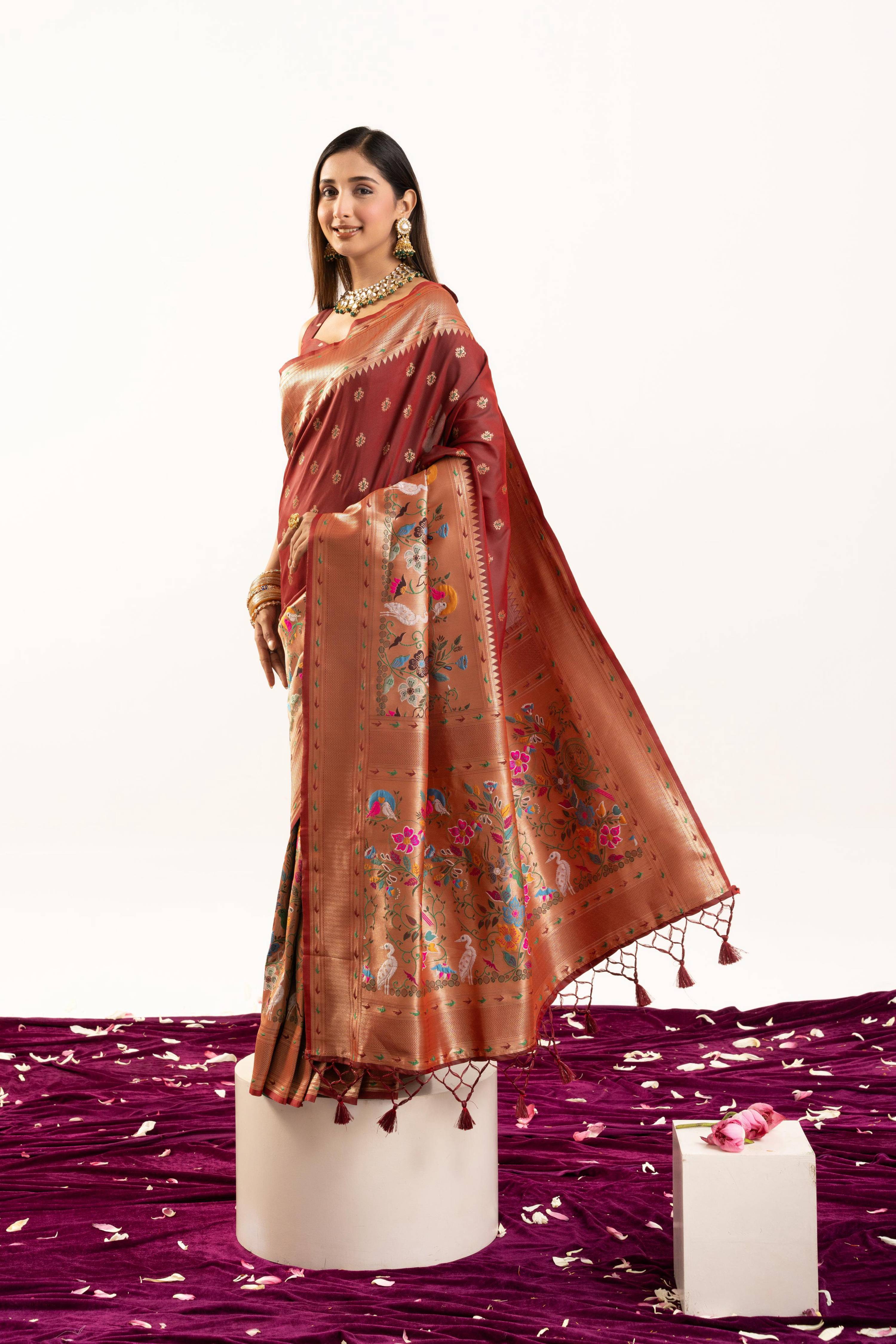 Jyoti Fashion Women's Maroon Soft Banarasi Silk Zari Woven Saree with Blouse | Grocsy