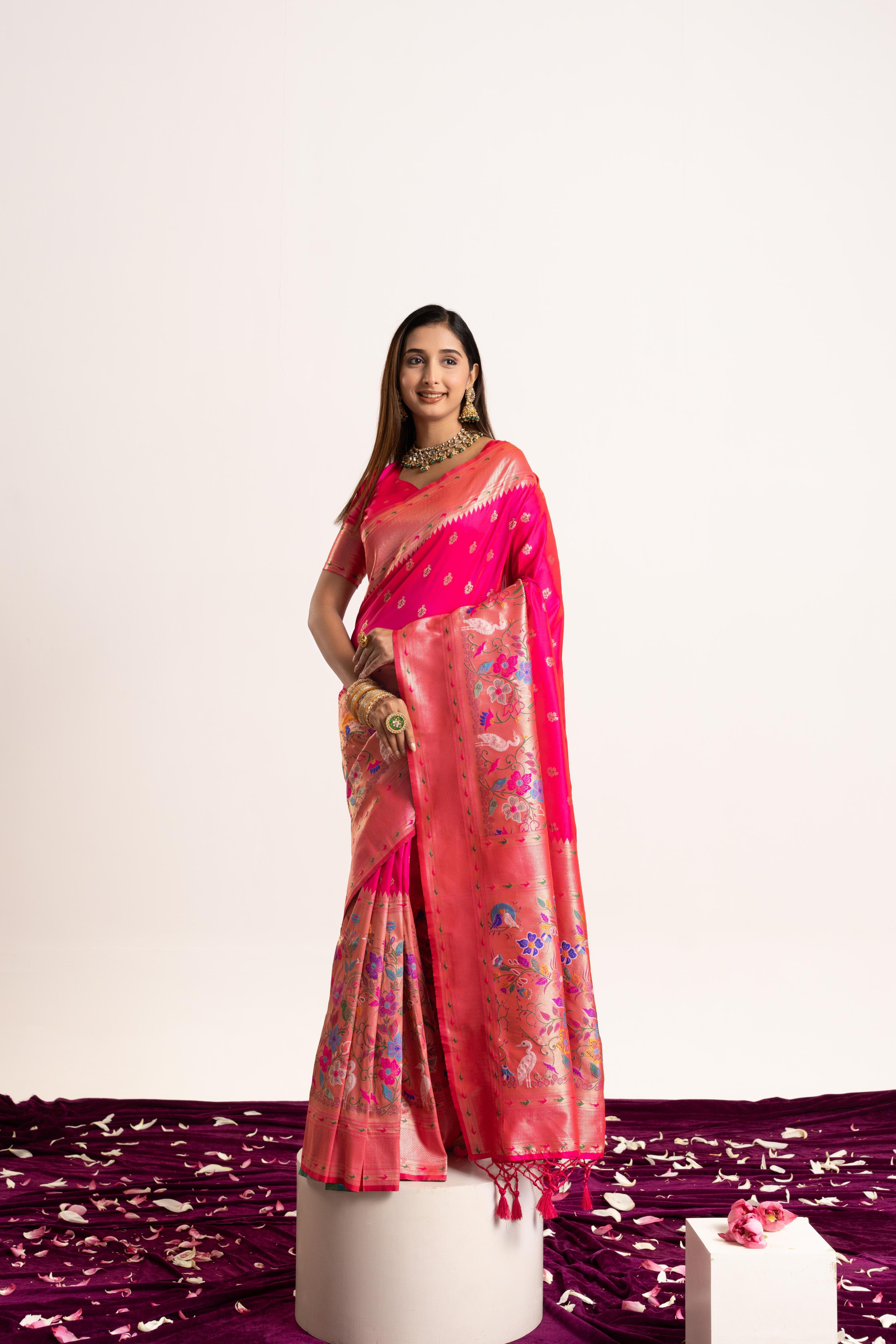 Jyoti Fashion Women's Pink Soft Banarasi Silk Zari Woven Saree with Blouse | Grocsy