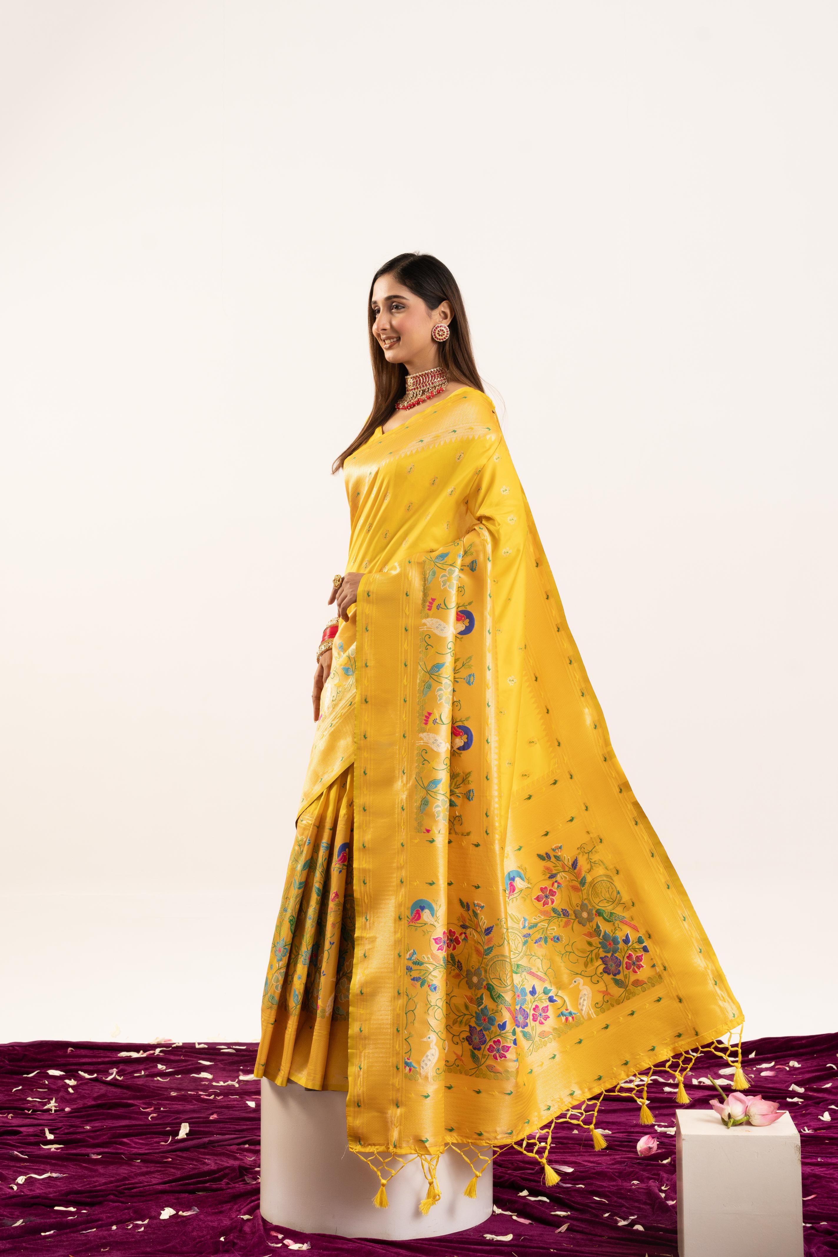 Jyoti Fashion Women's Yellow Soft Banarasi Silk Zari Woven Saree with Blouse | Grocsy