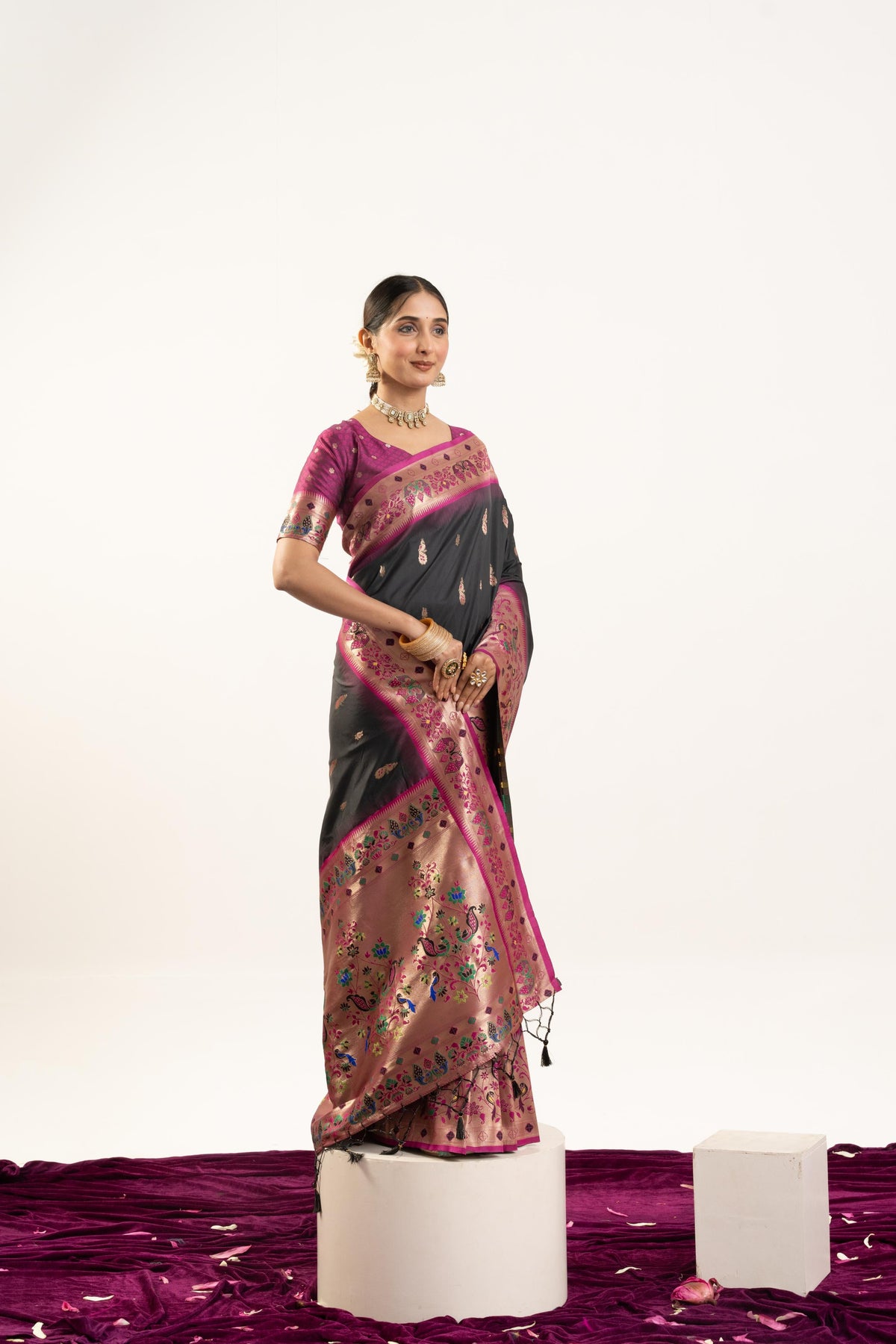 Jyoti Fashion Women's Black Soft Banarasi Silk Zari Woven Saree with Blouse | Grocsy