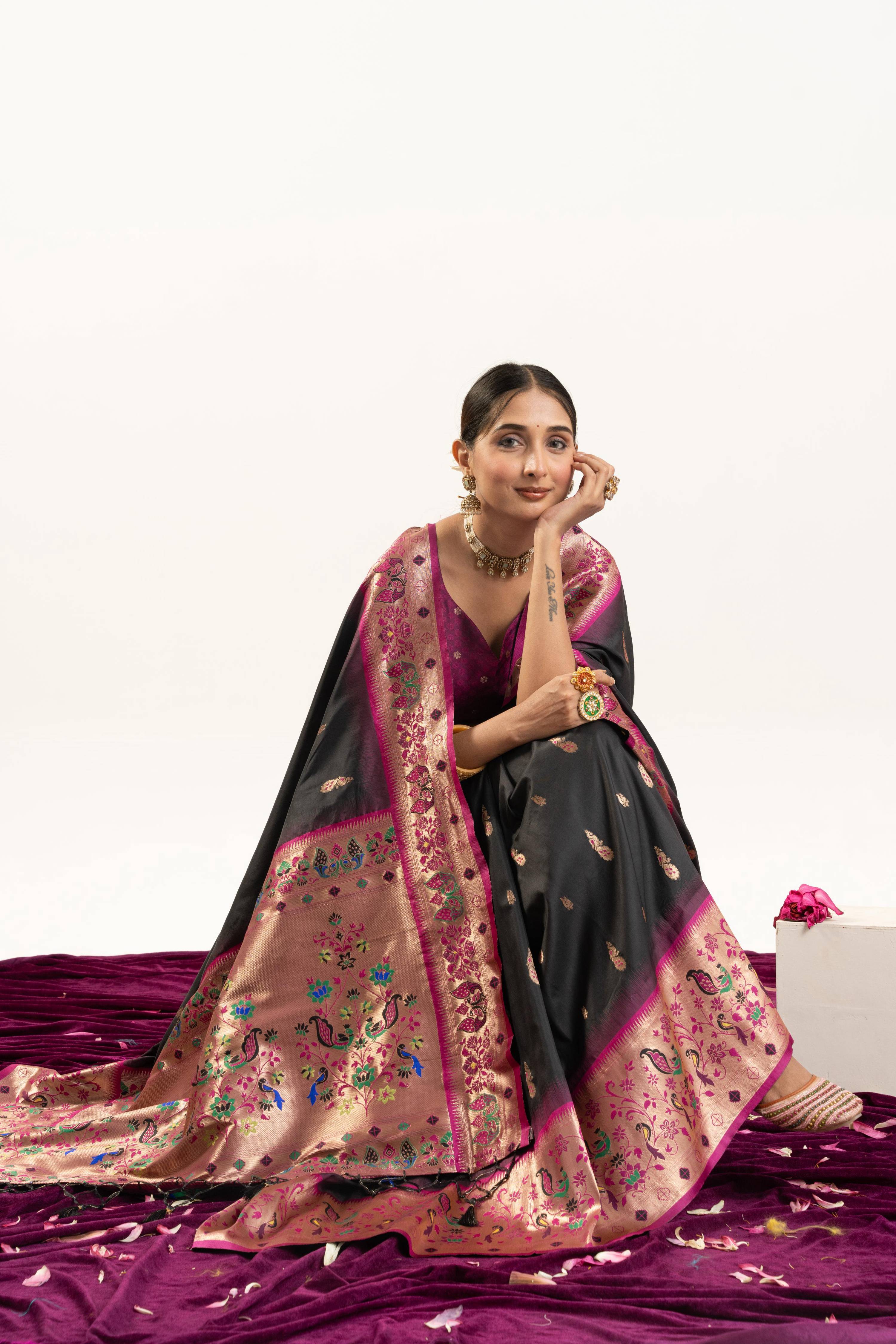 Jyoti Fashion Women's Black Soft Banarasi Silk Zari Woven Saree with Blouse | Grocsy