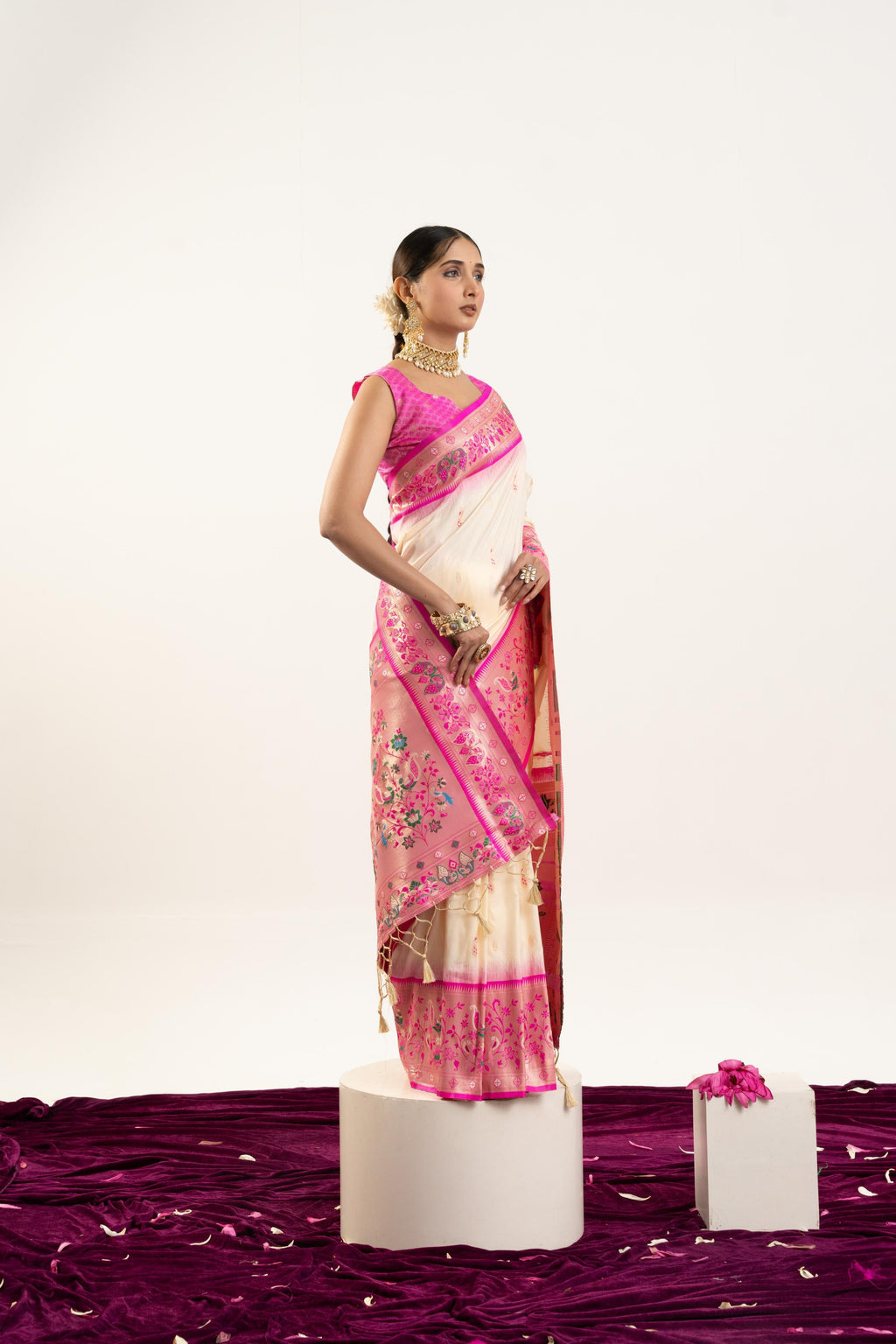 Jyoti Fashion Women's Cream Soft Banarasi Silk Zari Woven Saree with Blouse | Grocsy