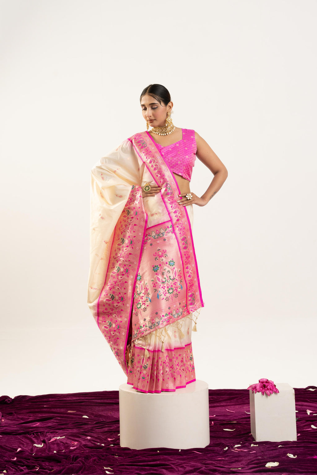 Jyoti Fashion Women's Cream Soft Banarasi Silk Zari Woven Saree with Blouse | Grocsy