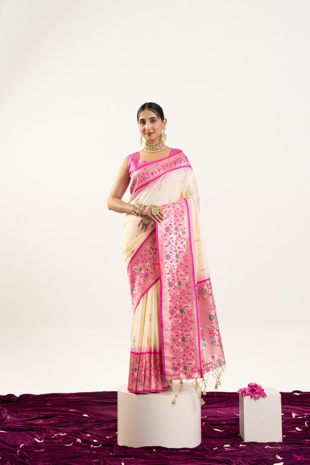 Jyoti Fashion Women's Cream Soft Banarasi Silk Zari Woven Saree with Blouse | Grocsy