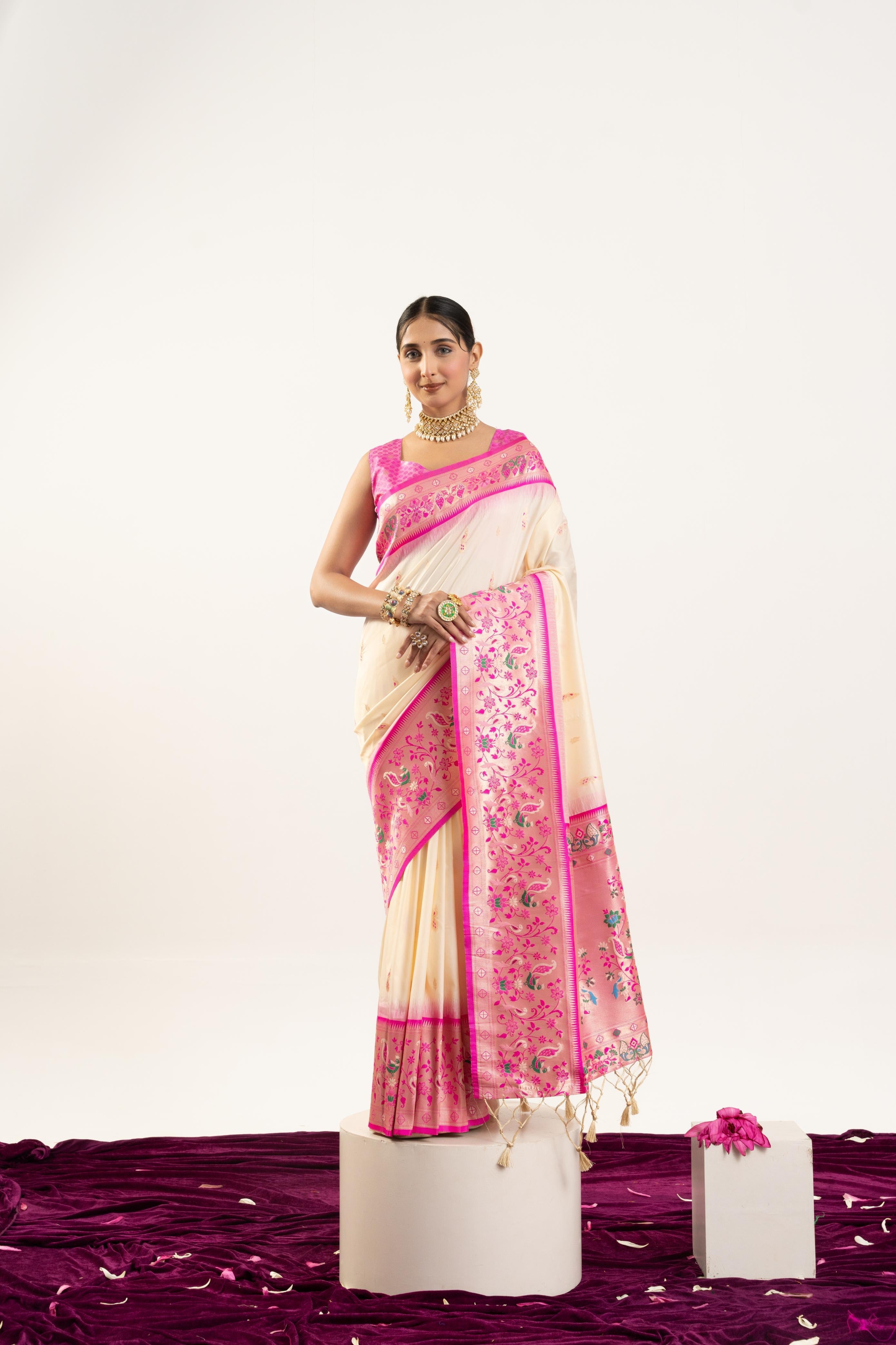 Jyoti Fashion Women's Cream Soft Banarasi Silk Zari Woven Saree with Blouse | Grocsy