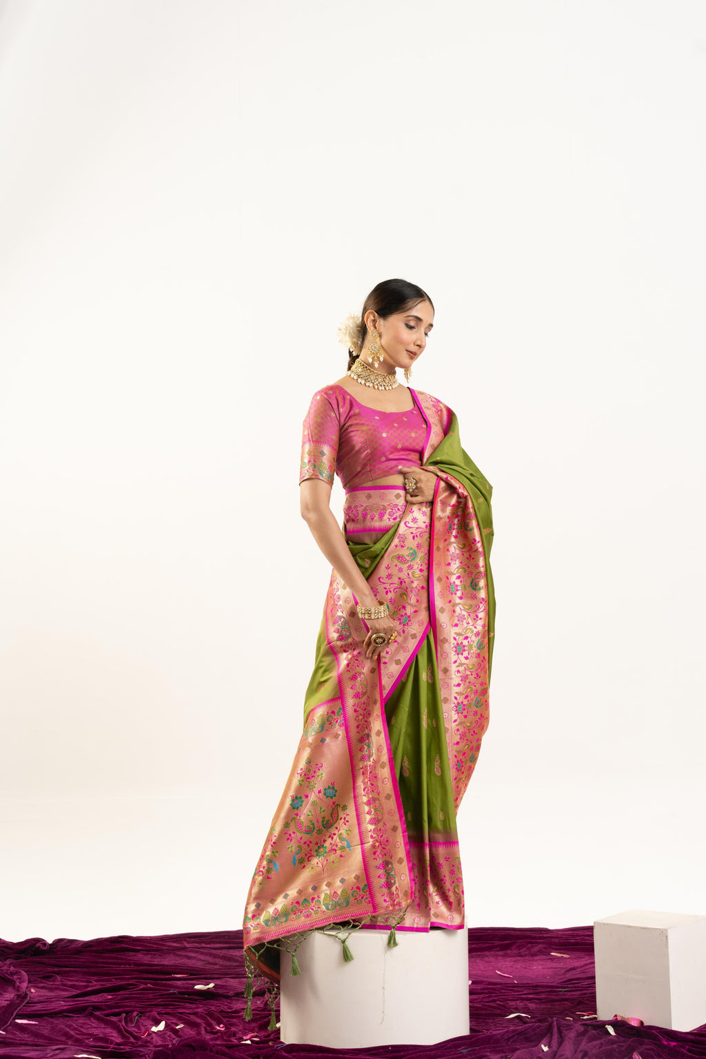 Jyoti Fashion Women's Mehendi Soft Banarasi Silk Zari Woven Saree with Blouse | Grocsy