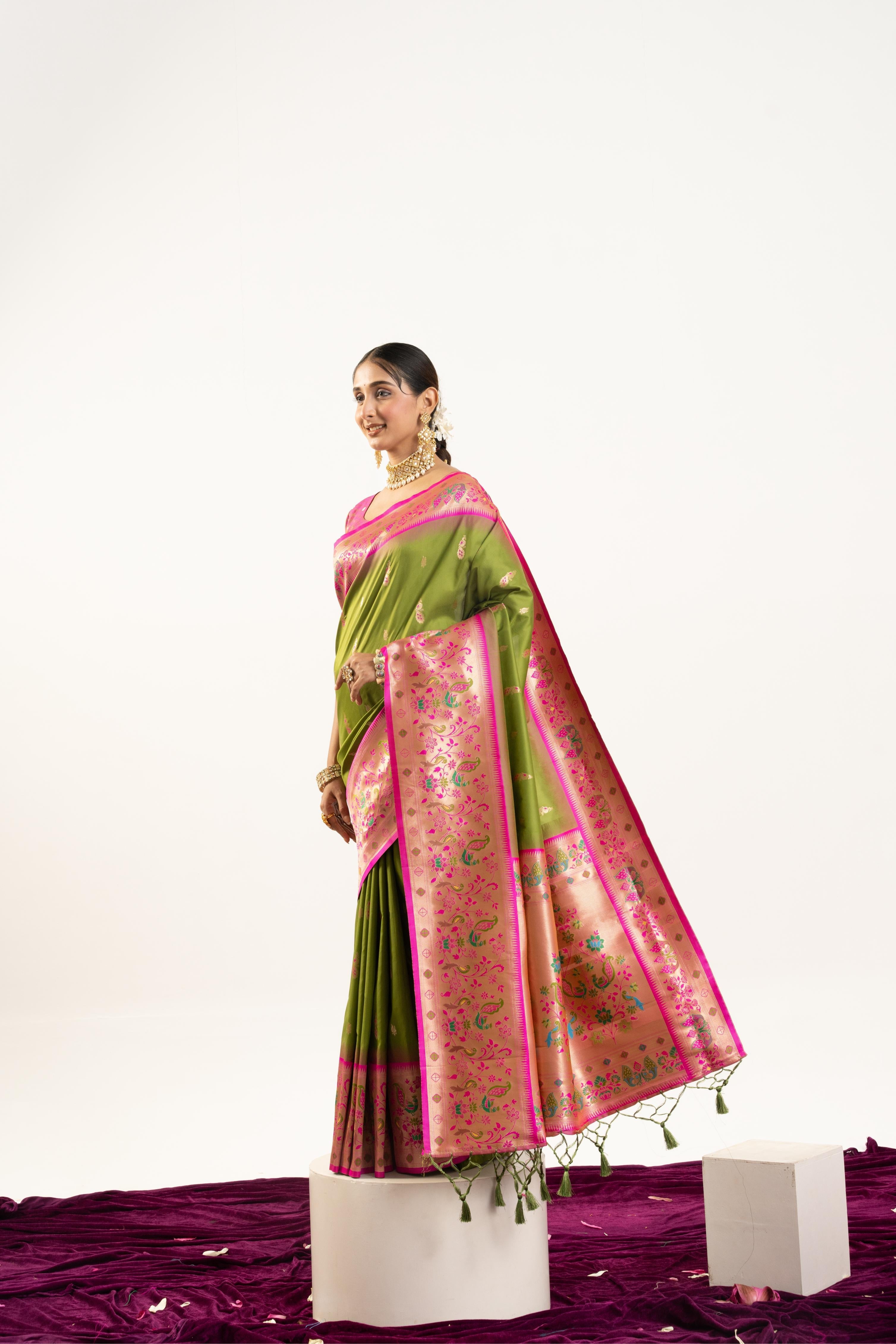 Jyoti Fashion Women's Mehendi Soft Banarasi Silk Zari Woven Saree with Blouse | Grocsy