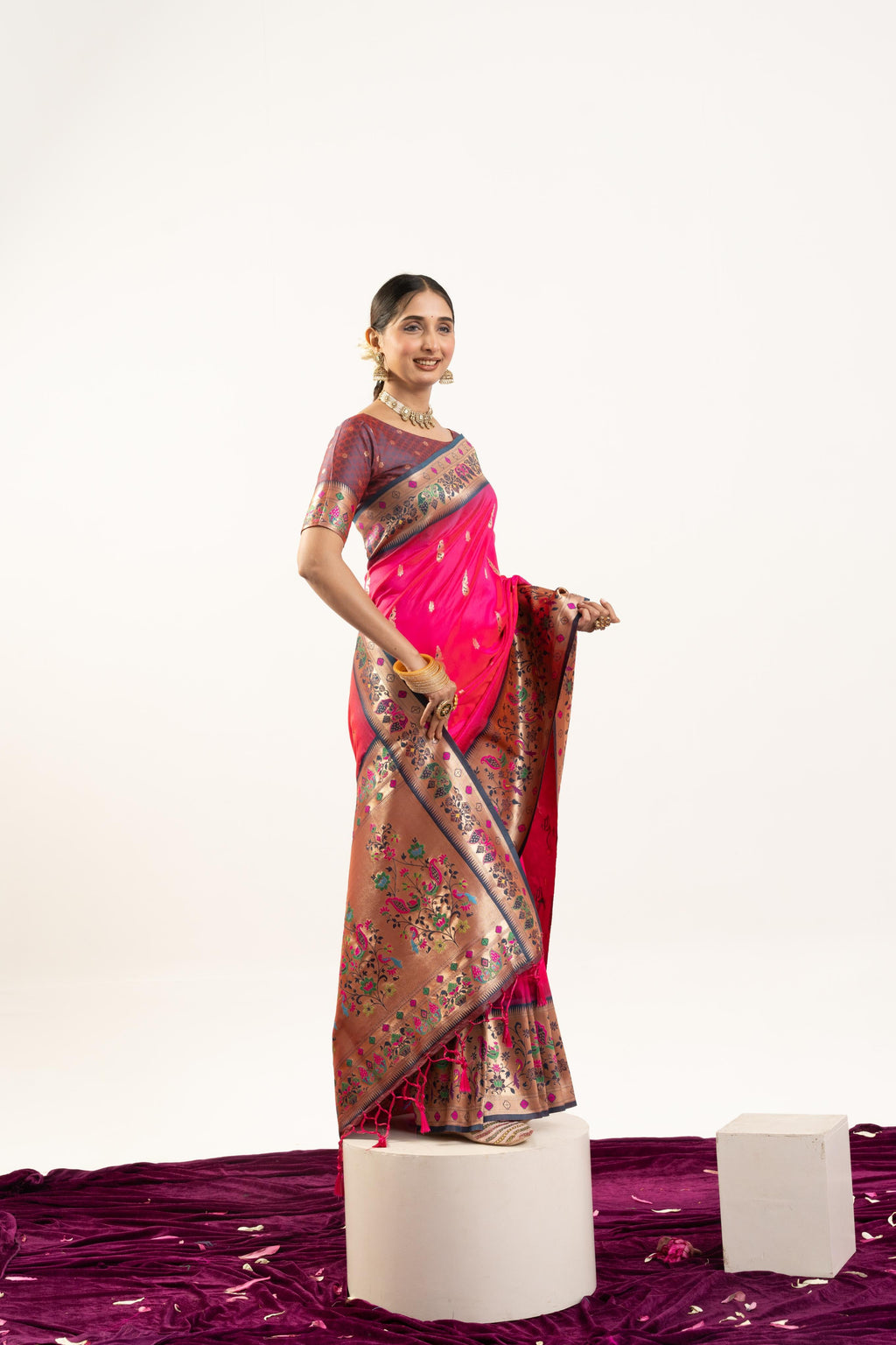 Jyoti Fashion Women's Rani Soft Banarasi Silk Zari Woven Saree with Blouse | Grocsy