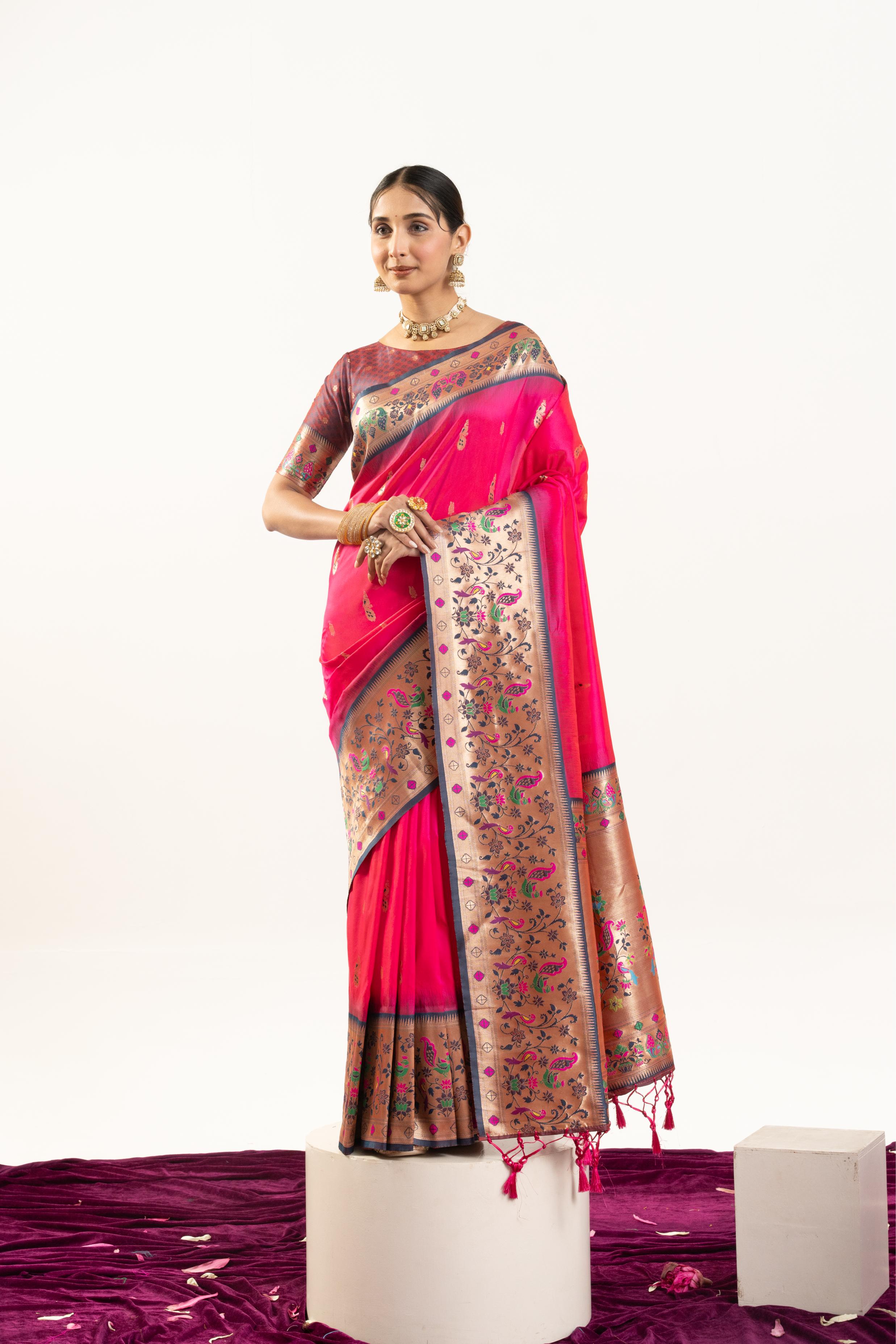 Jyoti Fashion Women's Rani Soft Banarasi Silk Zari Woven Saree with Blouse | Grocsy